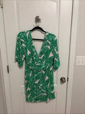 Lilly Pulitzer Green and Cream Leaf-Print Faux Wrap Romper